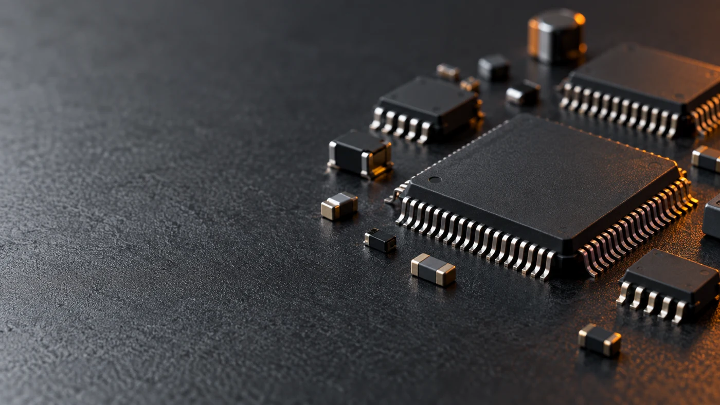 Illustrative studio image of integrated circuit packages and electronic components